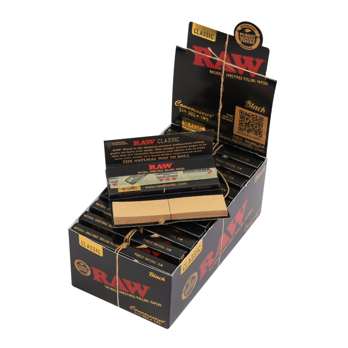 RAW | Black Classic Connoisseur - 1 1/4 Rolling Paper w/ Tip | 24pcs - Image 1